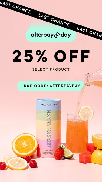 A clean, minimalist 9:16 ad creative showcasing a pre-workout powder container with fresh fruit ingredients and a clear percentage-off offer.